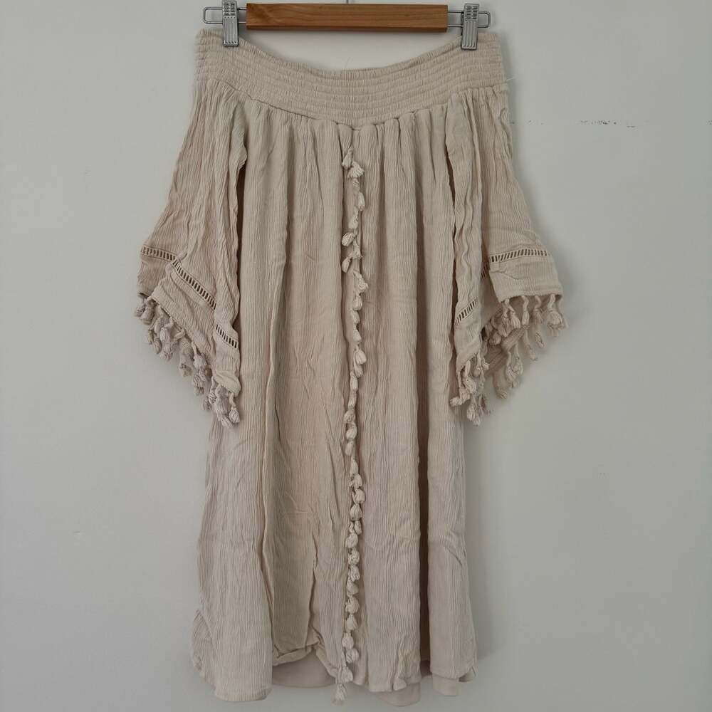 Love, Fire Off-The-Shoulder Smocked Boho Tunic Mini Dress with Tassels Size S